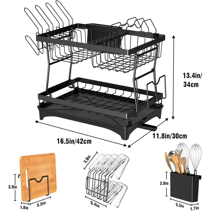 Рівнева сушарка для посуду з нержавіючої сталі, з тримачем для нарізаної дошки та тримачем для чашки, чорна, 2-