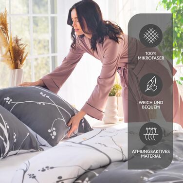 Комплект постільної білизни Dreamzie 200x200 см з 2 наволочками 80x80 см, сірий малюнок гілок - постільна білизна для дорослих 200x200 з 100% мікрофібри, сертифікат Oeko TEX без хімікатів