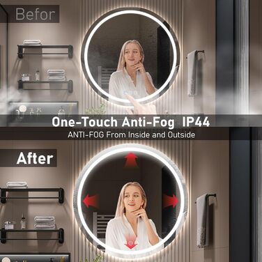 Дзеркало для ванної кімнати з підсвічуванням, 60 см, кругле, з антизапарюванням, регульоване, 3 кольори світла (70x70 см)