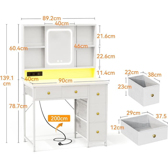 Дзеркальний туалетний столик ODK з регульованим LED-дзеркалом, USB-роз'ємами та RGB-підсвіткою, 5 висувними ящиками та 3 полицями, білий, 90×40×139 см