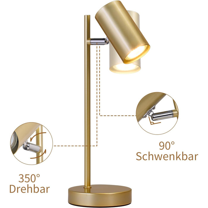 Настільна лампа 2ER Gold: регульована, для спальні, вітальні, офісу, з металу, з вимикачем