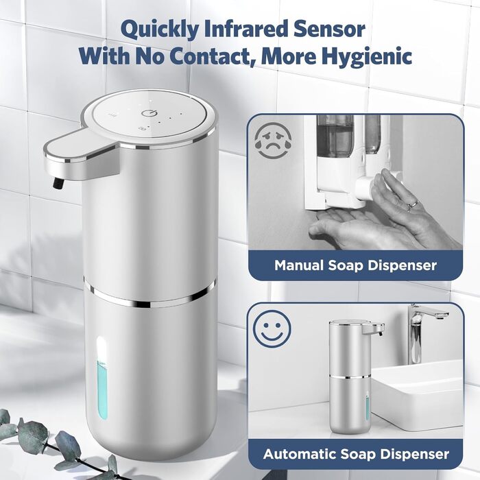 Автоматичний дозатор мила, 380 мл, електричний, з датчиком, USB, водонепроникний, для кухні, ванної, школи, готелю, сріблястий