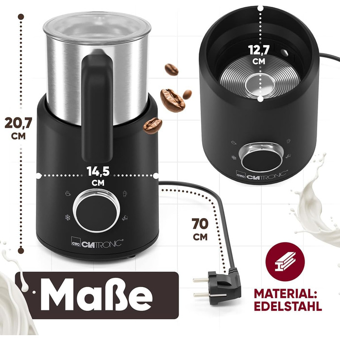 Електричний пінозбивач Clatronic MS 3812 | з підігрівом | для теплих та холодних напоїв | 740 мл | Чорний-inox | Модель 2024