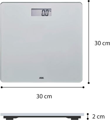 Цифрові скляні ваги ADE висотою всього 2 см Прості ваги для ванної кімнати з поверхнею зважування з безпечного скла Дуже точні результати 180 кг (срібло)