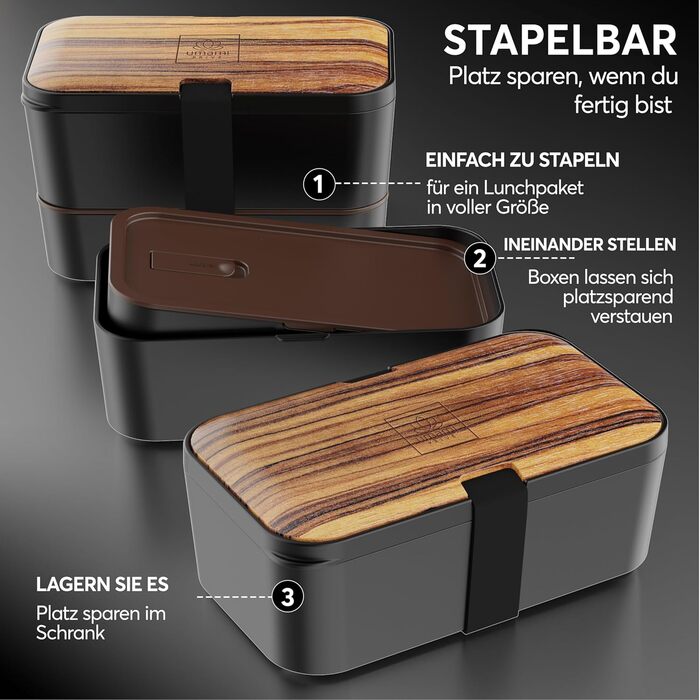 Ланчбокс Umami для дорослих, 1200 мл, з відділеннями, 4 столових прибори, для обіду/пікніка/офісу, чорний & бежевий
