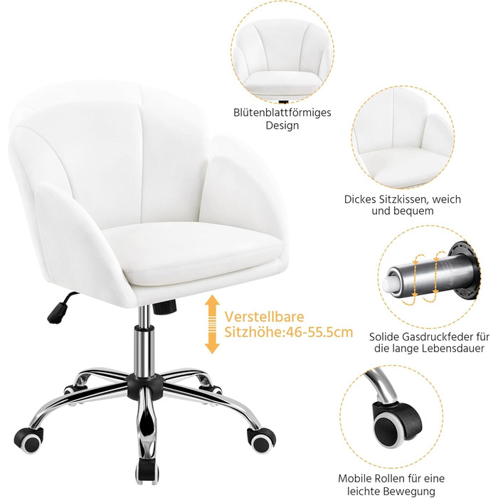 Крісло Yaheetech для дому та офісу: крісло для макіяжу, крісло для робочого столу, регульоване по висоті, поворотне, до 136 кг, з підлокітниками та спинкою, для спальні, офісу, вітальні, біле, велюрове