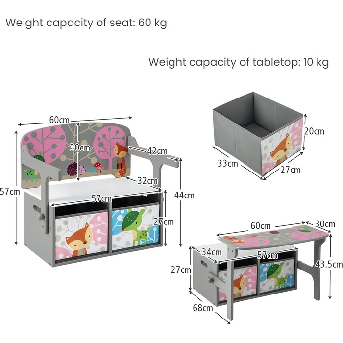 LIFEZEAL 3 в 1 дитяча лавка-стілець з місцем для зберігання та підлокітниками, лавка-сховище для іграшок для дітей 3-7 років (сіра)