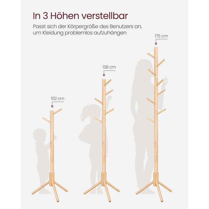 Стійка для одягу VASAGLE з масиву дерева, 8 гачків, 3 регульовані висоти, для одягу, шапок, сумок, вітальня, спальня, офіс, RCR04GY (натуральний колір)