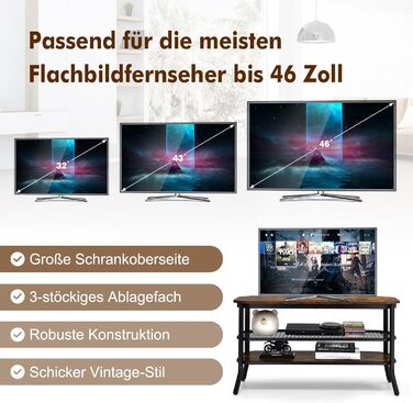 Тумба під телевізор COSTWAY до 46 дюймів, промислова, дерево та сталь, з полицями, вінтаж, 100x40x55.5см
