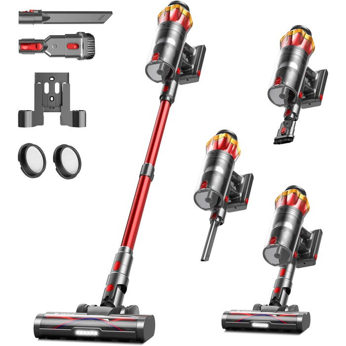 Бездротовий акумуляторний пилосос 45000Pa/550W/65хв, об'єм 1,6л з дисплеєм, антизаплутана щітка, самостійна підставка, док-станція на стіну, 8-шарова фільтрація, тиха робота, для шерсті тварин/килимів/твердих поверхонь/автомобіля (Червоний)