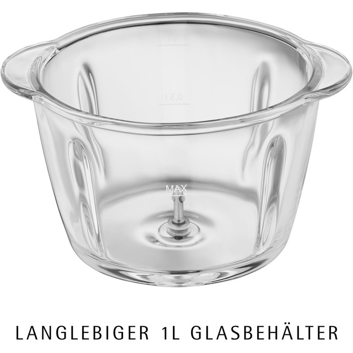 WMF Kult X Електричний подрібнювач міні-подрібнювач з скляною чашею та лезами з нержавіючої сталі, для овочів, трав та горіхів, 1л, довговічний, придатний для миття в посудомийній машині