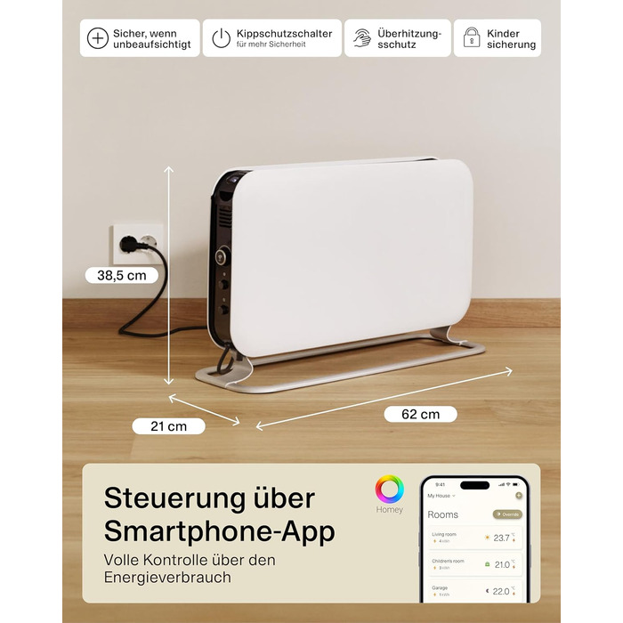 Електричний конвекторний обігрівач Mill 1200W, 14-18 м², WiFi, енергозберігаючий, білий