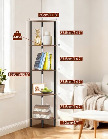 Світлодіодна торшер-полиця з регульованою яскравістю та кольором, пульт ДУ, 5 полиць, кутова, для вітальні, спальні, офісу (Rustikales Braun)