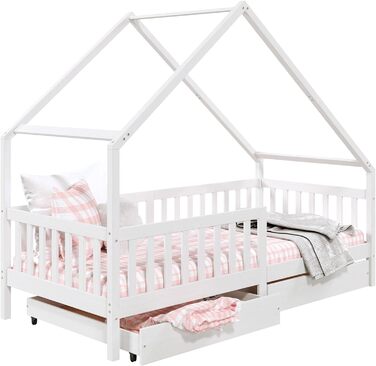 Ліжко-будиночок IDIMEX ALVA Montessori з масиву сосни, дитяче ліжечко з дахом, вігвам-ліжко з шухлядами білого кольору