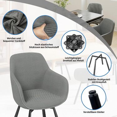 LEWE Комплект з 4-х обертових стільців для їдальні з підлокітниками, сірий. Сучасні стільці для кухні/вітальні з дерев'яними ніжками та спинкою.