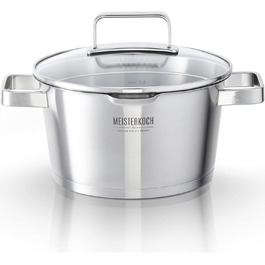 Каструля Meisterkoch з нержавіючої сталі 16 см Ø | з виливом, внутрішньою шкалою та ізольованою ручкою | 1 скляна кришка з дрібним та великим ситом | Кухонне приладдя, нержавіюча сталь, індукційне дно (20 см)