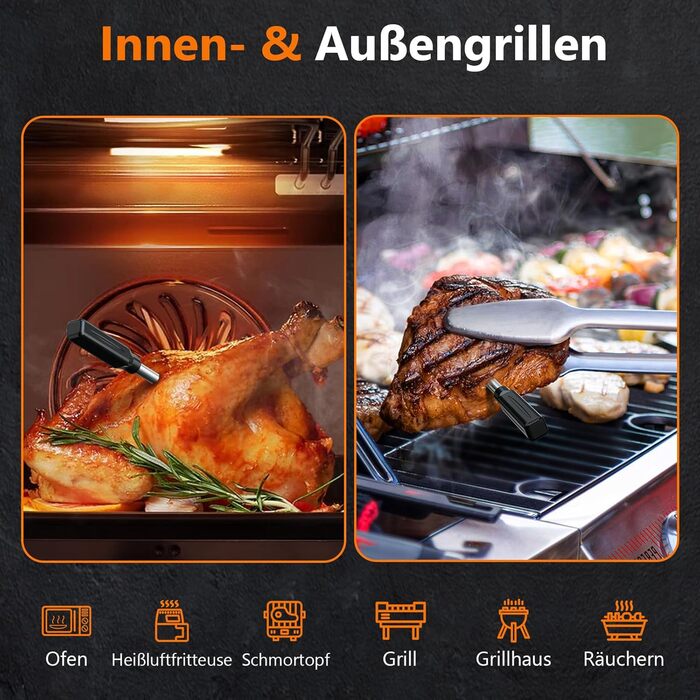 Бездротовий термометр для м'яса AIRMSEN з LCD-дисплеєм, водонепроникний (IPX8), для приготування на грилі, в духовці та BBQ, Bluetooth, 150м, керування через додаток, керамічна ручка, для гриля, духовки та BBQ, колір: дерево