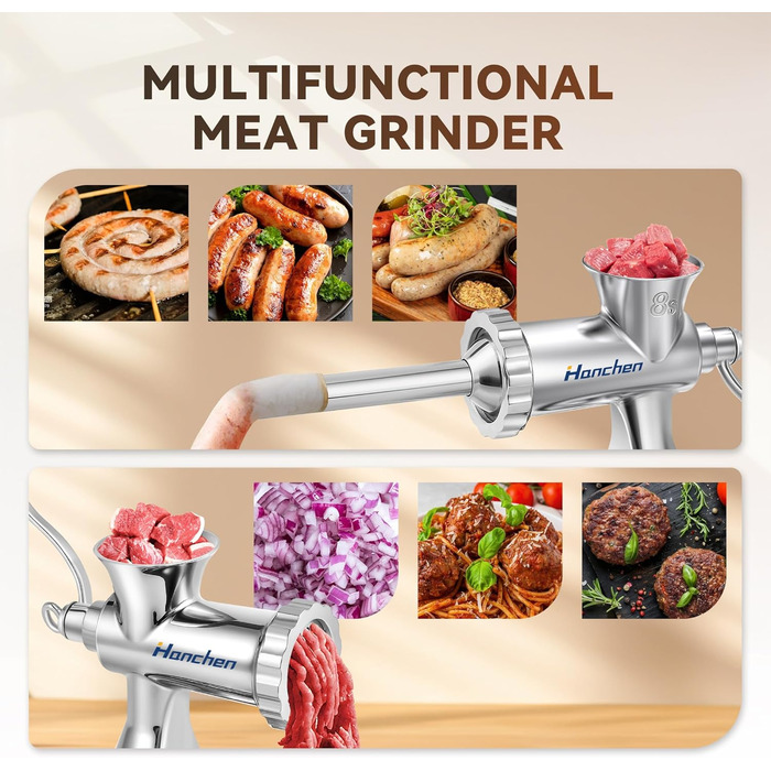 М'ясорубка ручна Hanchen з нержавіючої сталі з присоскою, насадкою для ковбас та 2 дисками, посудомийна, для м'яса та овочів