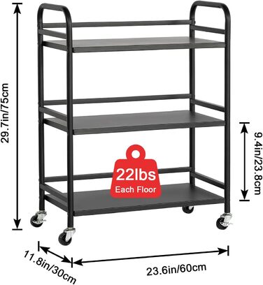 Сервісний візок HDANI з 3 ярусами, металевий, на колесах, 48x30x75 см (Чорний)