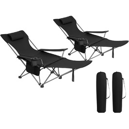 Набір з 2 кемпінгових крісел складний, розкладний стілець Шезлонг для вулиці, рибальське крісло Сонцезахисне крісло ультра легке з підлокітниками та підстаканником CPS8148bl-2 (чорний)