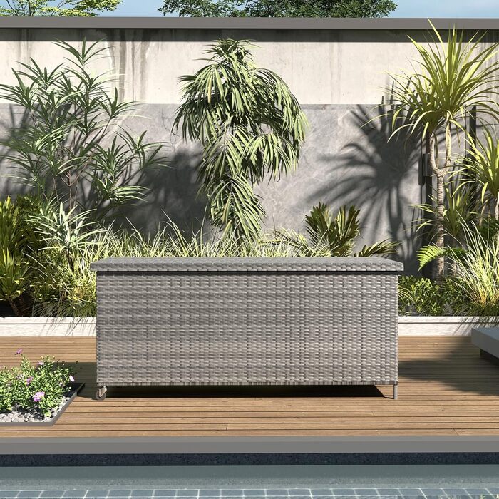 Водонепроникний садовий ящик для зберігання UDPATIO 480л з колесами, сірий 138x61 см | Ящик для подушок, стійкий до УФ-випромінювання та погодних умов для саду, балкону