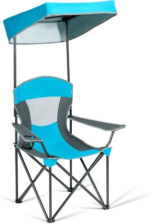 Крісло для кемпінгу COSTWAY з навісом від сонця з навантаженням до 150 кг, складне крісло з підстаканником і сумкою для перенесення, розкладне крісло для пляжу, саду, відкритого простору, тераси 90x72x150 см Синій