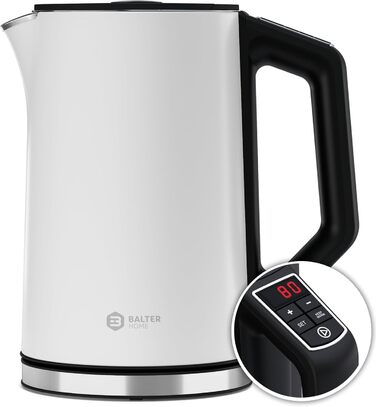 Електричний чайник BALTER з регулюванням температури, 40°C-100°C, подвійні стінки, без BPA, тихий та бездротовий, 1.5L, 2200W, білий