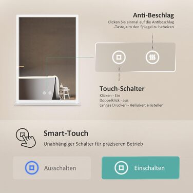 Дзеркало для ванної кімнати EMKE з підсвічуванням 80x60 см, з полицею, антизапар, регульоване холодне біле світло 6500K, сенсорне управління, функція пам'яті