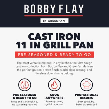 GreenPan x Bobby Flay сковорода-гриль з чавуну, квадратна, 27.9 см, попередньо обпалена, професійна якість, міцна, з ручками, сумісна з індукцією, для плити, духовки, гриля та вогню, для квадратних грилів 28 см, чорна