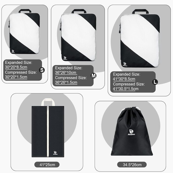 Набір компресійних органайзерів для одягу AiQInu, 5 шт, дорожні сумки-пакувальники з мішком для взуття та білизни, ультралегкі розширювані органайзери для валізи та ручної поклажі (Чорний)
