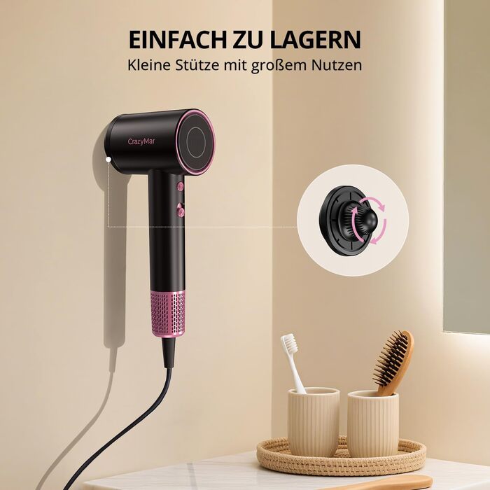 Іонний фен для волосся з безщіточковим мотором 180 000 об/хв, компактний дорожній фен з 4 режимами температури та захистом від перегріву, чорний