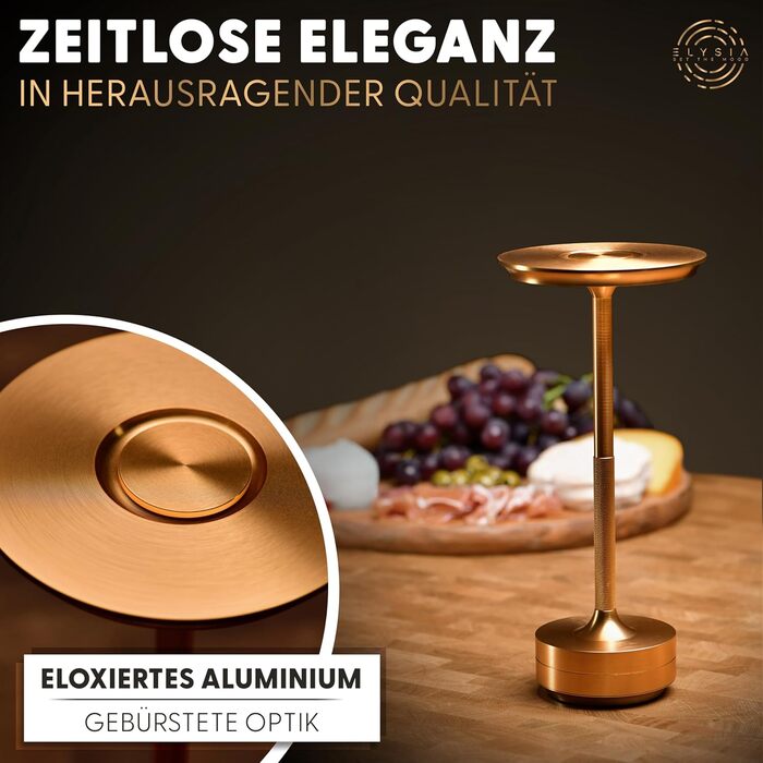 LED настільна лампа ELYSIA з акумулятором, диммування, бездротова, сенсорне управління, для дому та вулиці [IP54], тепле світло [2200K-2700K-3200K], USB-C, перезарядна, алюміній, золота