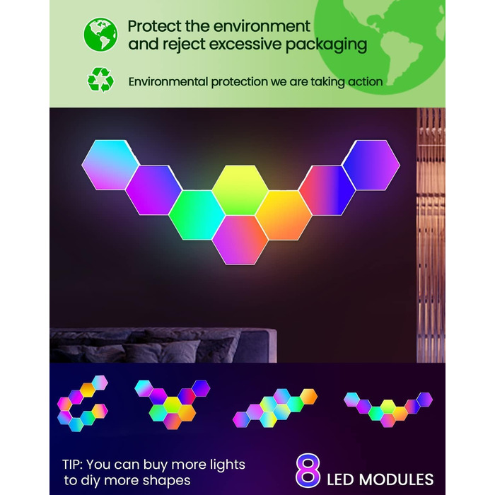 Смарт LED панелі Hexagon RGB, 8 шт. – настінне декоративне підсвічування для кімнати та геймерської зони, музична синхронізація
