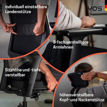 Офісний стілець YOS S5 з підтримкою спини та голови, чорний. Ergonomічний стілець до 150 кг, Made in Germany