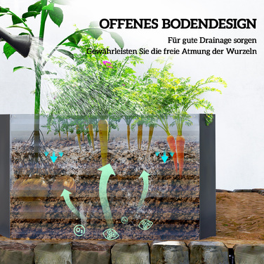 Підвищене грядка з металу 180 x 90 x 57,5 см. Глибока грядка для саду з відкритим дном та опорною штангою, темно-сірого кольору.