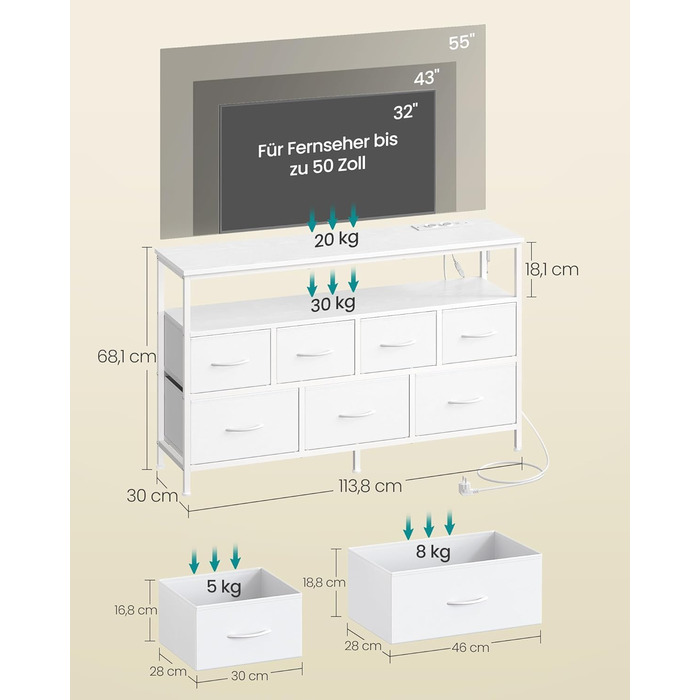 SONGMICS BELLAH: Комод, шафа, тумба з LED-підсвіткою, стайлінг-станція, 1 полиця, індустріальний стиль, вінтажно-коричневий/чорний, LGS723KD01 (7 ящиків, білий)