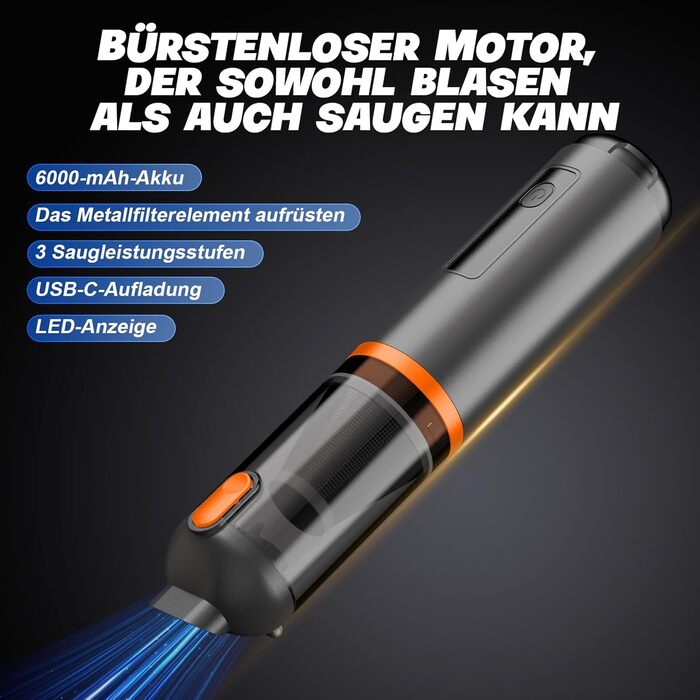 Акумуляторний ручний пилосос для авто та дому 4-в-1, безщітковий мотор, потужність 26000Па, 3 режими всмоктування, з підсвіткою (Помаранчевий)