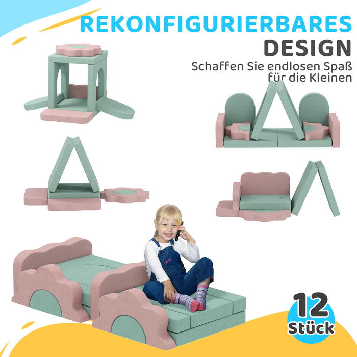 Набір з 12 м'яких блоків для лазіння, конструювання та повзання, ігровий килимок для дому з обтягуванням з тканини, зелений+рожевий