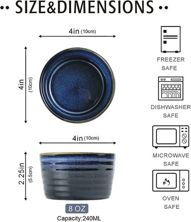 Формочки для суфле, порцелянові формочки для пирогів, керамічні миски для крем-брюле , Десертні миски-реакційна глазур для духовки-8 х 240 мл (Синій, 4 шт. / 240 мл)
