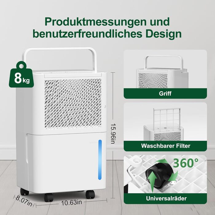 Електричний осушувач повітря PHILODECO 10л/день з режимом сушіння, 2л бак, таймер 24г, автовимкнення, ролики та ручка для підвалу, ванної, спальні