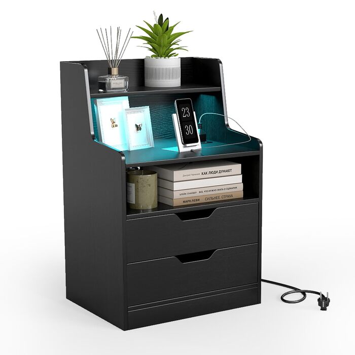 Нічний столик COSTWAY з LED-підсвіткою та зарядкою, 2 шухляди, відкриті полиці, пульт дистанційного керування, 45 x 35 x 72,5 см (Чорний)