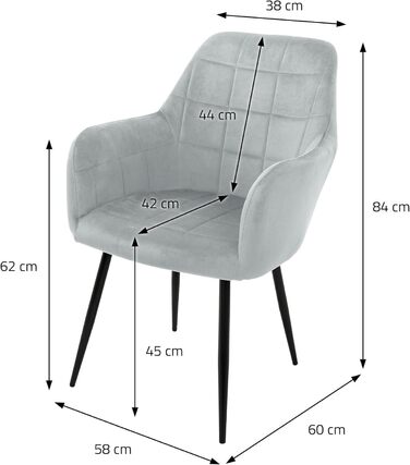 6 стільців для їдальні ECD Germany сірого кольору з підлокітниками та спинкою, м'яке крісло з велюровим покриттям, металеві ніжки, ергономічні стільці для кухні та вітальні
