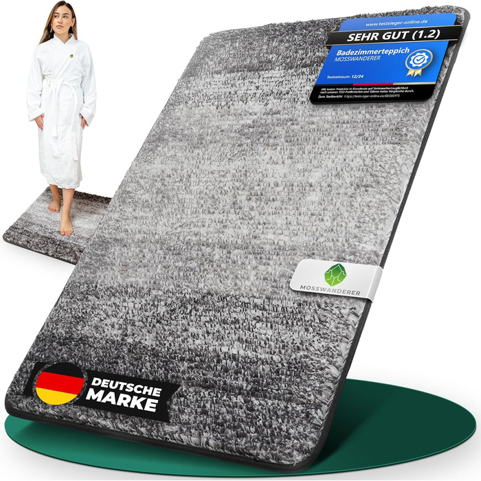 Килимок для ванної кімнати 60x90 см, антиковзаючий, чорно-сірий | Килимок для ванни, килимок для душу | Преміум якість, великий, миючий | Килимок для ванни, килимок для душу