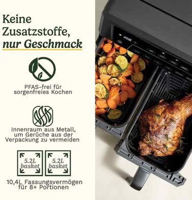 Фритюрниця Cuisinart XXL 10.4L з двома зонами нагріву | Без PFAS та хімікатів | Для смаження, грилю, випікання, дегідратації та підтримання тепла | 2 x 5.2L, 8+ порцій | Знімні деталі, придатні для миття в посудомийній машині (2 камери + скло)