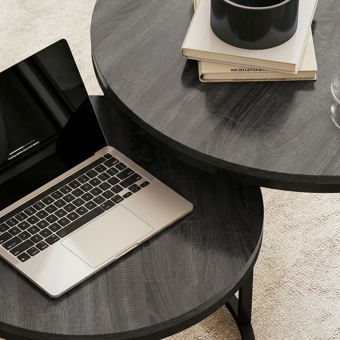 Сучасний комплект з двох журнальних столиків, складальні приліжкові столики з металевим каркасом для вітальні, спальні, офісу, чорного кольору