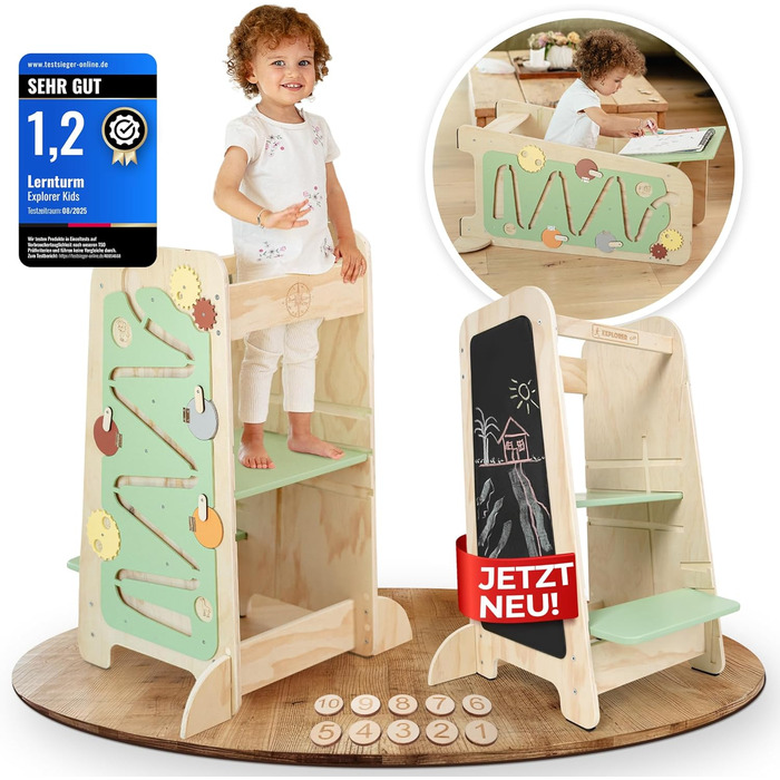 Дерев'яний навчальний столик-лесенка EXPLORER Kids® Montessori 5-в-1 | Регульована висота, захист від падіння, захист від перекидання | Розвиває моторику, цифри та форми | Білий та салатовий кольори | Для дітей від 1 року