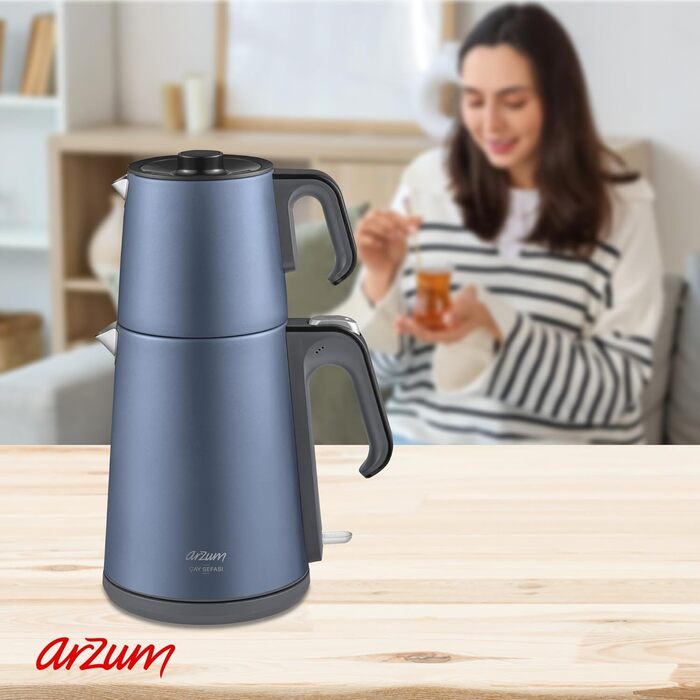 Арзум Ehlikeyf - електрочайник та турка для приготування турецького чаю, 2200W, 3,5л, 1,2л, нержавіюча сталь, регулювання температури, захист від сухого кип'яття, блакитний