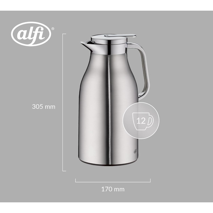 Термос Alfi SKYLINE 1,5л з нержавіючої сталі з вбудованим скляним вкладишем, поворотний замок з зручною кнопкою, ергономічна ручка, для використання однією рукою, ідеальний як кавоварка