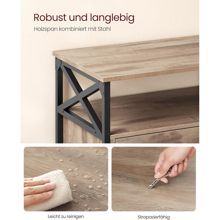 Тумба під ТВ VASAGLE, 120 см, для телевізора до 55 дюймів, 2 шухляди, 2 відкриті полиці, сталевий каркас, вінтажний колір, LTV300B01