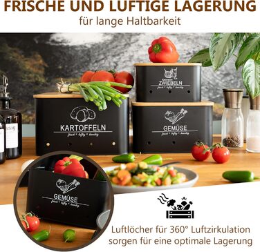 Коробки для зберігання картоплі та овочів MNKsolution (3 шт.) - Чорні контейнери для картоплі, овочів, цибулі та часнику - Органайзер для кухні